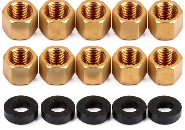 10pcs Brass Pipe Cap with 10 Rubber Gasket, Gold Hex Compression Cap Garden Hose Flare Brass Nut Plumbing Gas Line Fittings for 1/8 Inch Od Pipe Connection-0